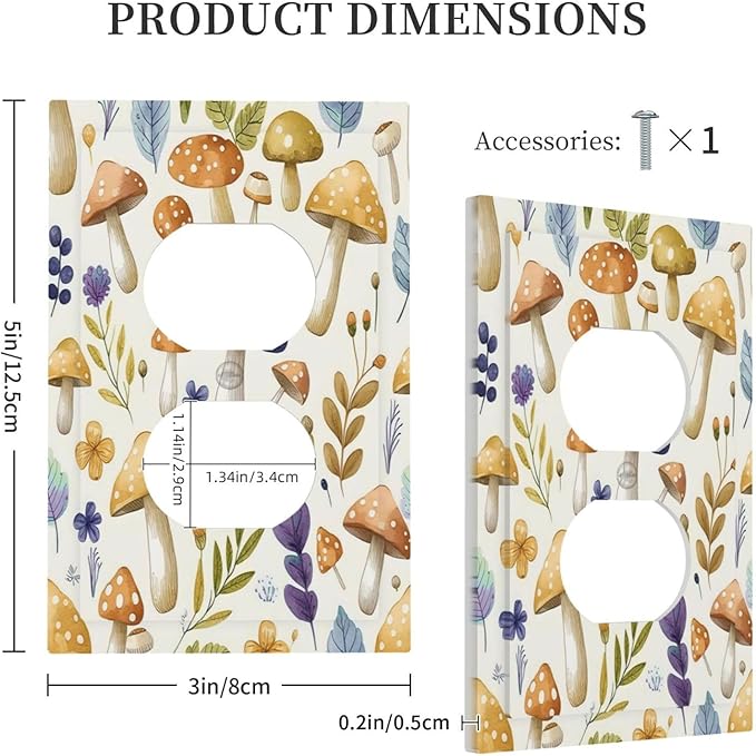 Boho Watercolor Mushroom Flowers Leaf Colorful Floral Outlet Covers 1 Gang Duplex Light Switch Cover Decorative Switch Plates Electrical Receptacle Faceplate Wall Plate for Kids Room Nursery Decor