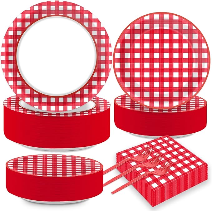 Naozinebi 200pcs Red and White Plates Napkins Checkered Plaid Paper Tableware Set Cake Dessert Disposable Dinnerware Spring Picnic Party Decoration for Baby Shower Birthday Decor Supplies Serves 50