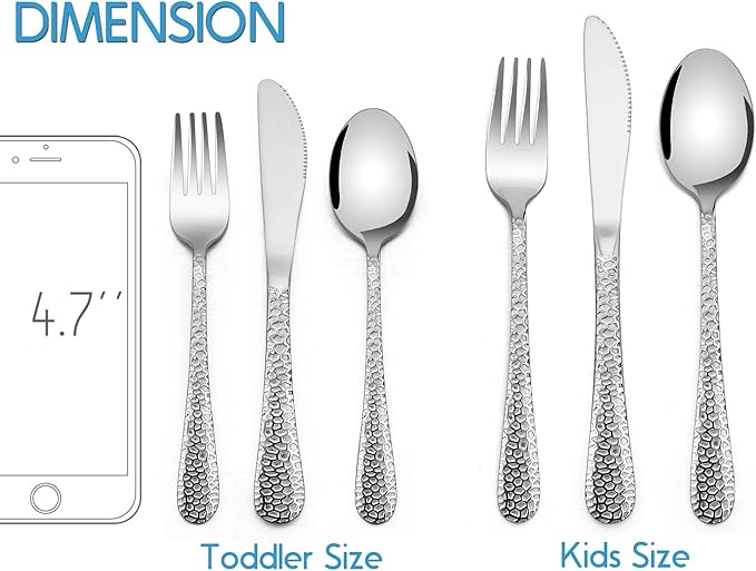 12 Piece Kids Utensils Silverware Set, E-far Stainless Steel Hammered Toddler Cutlery Child Flatware Progress Set, Small Adult Diet Tableware Include Fork Spoon Knife, Mirror Finished, Dishwasher Safe