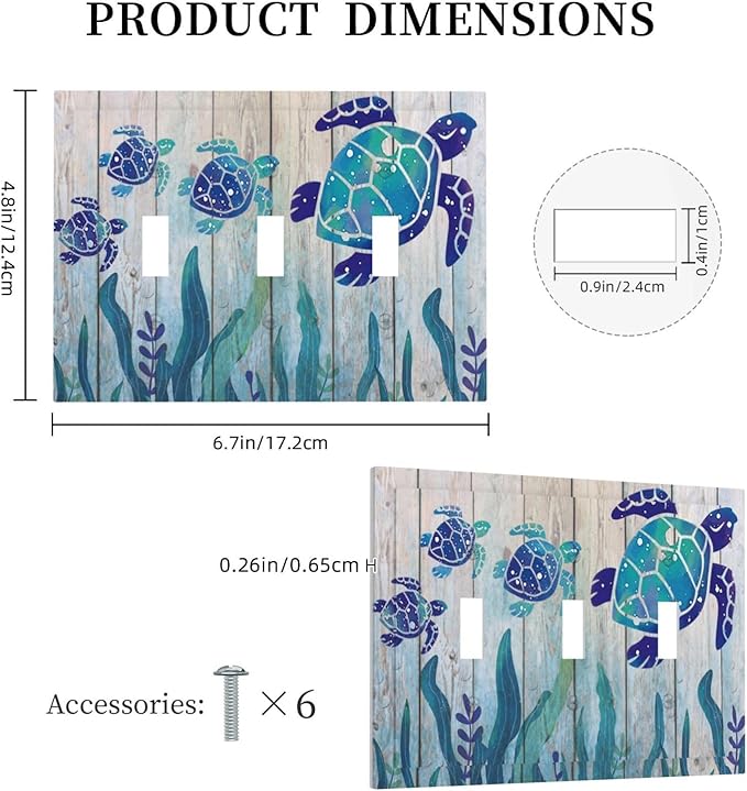 Sea Turtle Grass Seaweed on Rustic Wooden Board Triple Toggle Light Switch Cover 3 Gang Wall Plate Decorative Ocean Grass Seaweed Electrical Facplate for Bathroom Kitchen Home 6.7" x 4.8"