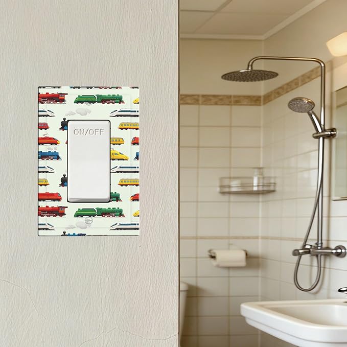 Vintage & Modern Trains Single Rocker Switch Cover - 1-Gang Standard US Size Colorful Locomotive Light Switch Covers, Retro Steam & High-Speed for Boys Room