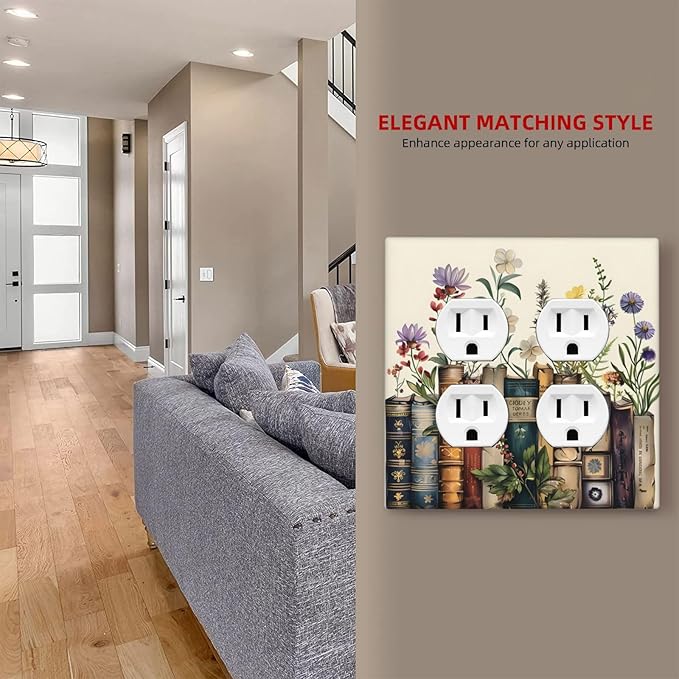 Plant Floral Books Colorful Flower Outlet Covers 2 Gang Double Duplex Decorative Light Switch Covers Electrical Wallplates Socket Faceplate for Kids Room Bedroom Decor