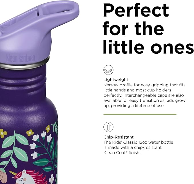 Klean Kanteen 12 oz Classic Kid's Water Bottle with Flip Seal Sport Cap & Straw - 100% Leakproof Cap - Durable Stainless Steel Material - Lightweight & Easy-Grip - BPA-Free - Leaping Unicorns