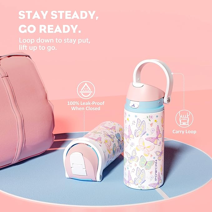 POWCAN 18 oz Insulated Water Bottle: 2-in-1 Push-Button Spout & Quick-Flip Straw Lid, Leakproof, Cold 24Hrs, Fits Car Cup Holder, Stainless Steel Bottle for Sports, Travel, School (Butterfly Garden)