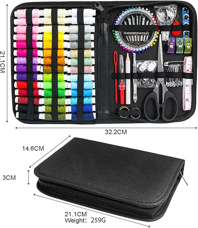 JUNING Sewing Kit with Black Case Portable Sewing Supplies for for Mom Grandma Women Men Teen Girls Boys Adults Beginner, Home Travel, Emergency, 42 Threads, Scissors, Needles, Measuring Tape and More