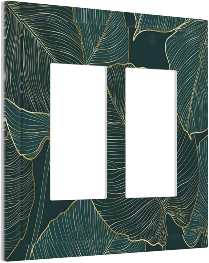 Gold Tropical Green Botanical Palm Leaves Decorative Outlet Covers 2 Gang Double GFCI Rocker Electrical Wall Panels Light Switch Cover Plate for Bedroom Living Room Decor