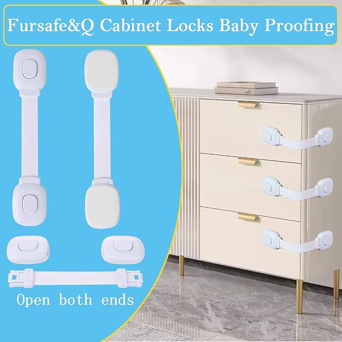 Fursafe&Q Baby Cabinet Locks, Child Safety Cabinet Proofing -Child Safety Strap Locks Adhesive Drawer Fridge Ovens Door Toilet Latches No Drill Multi-Purpose for Furniture Kitchen Lock (White, 2Pack)