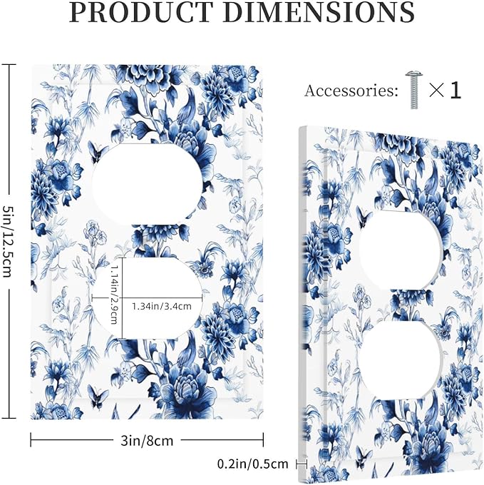 Blue Flower White Floral Plant Bird Butterfly Outlet Covers 1 Gang Duplex Light Switch Cover Decorative Switch Plates Electrical Receptacle Faceplate Wall Plate for Bedroom Living Room Decor