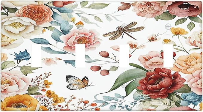 Rustic Style Colorful Peony Butterfly Dragonfly Light Switch Covers Quad Toggle 4 Gang Wall Plate Decorative Switch Plates Electrical Faceplate for Bedroom Living Room Decor
