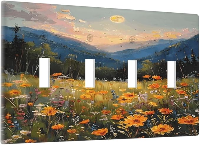 Sunset Wild Flower Field Floral Nature Landscape Light Switch Covers Quad Toggle Electrical Faceplate 4 Gang Wall Plate Decorative Switch Plates Cover for Farmhouse Bedroom Decor