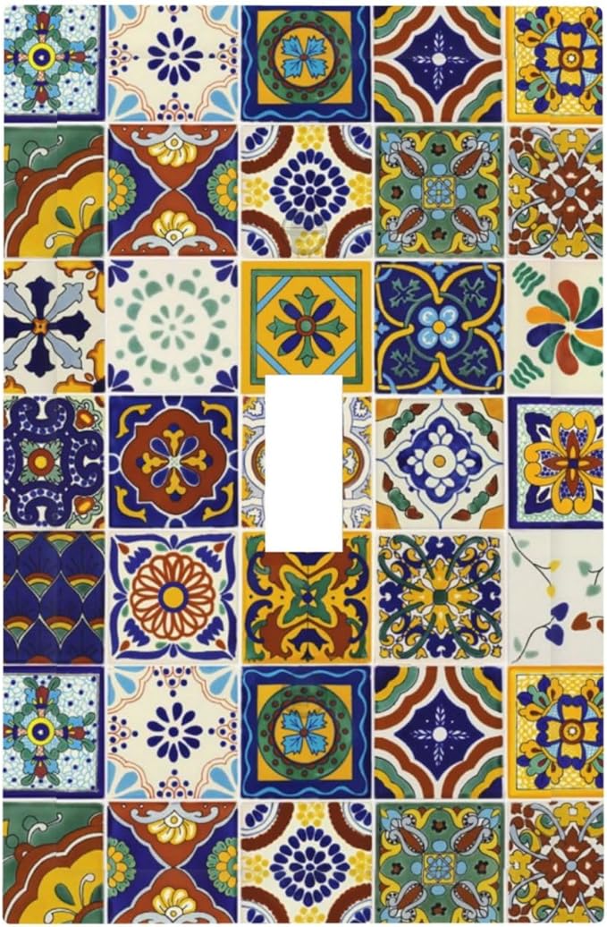 Colorful Mexican Moroccan Boho Tiles Single Toggle Outlet Light Switch Cover Kitchen Yellow/Blue Mosaic Ceramic Talavera Bohemia Tile Decorative One Device 1-Gang Electrical Switch Face Wallplate