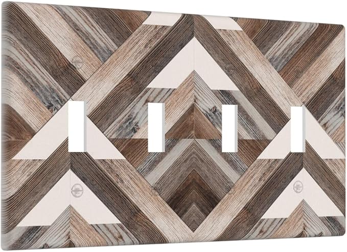 Polygon Collage Abstract Shapes Rustic Wood Panel Print Light Switch Covers Quad Toggle Electrical Faceplate 4 Gang Wall Plate Decorative Switch Plates Cover for Farmhouse Bedroom Decor