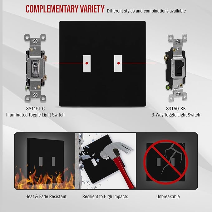 ENERLITES Screwless Double Toggle Switch Wall Plate, Child Safe Dual Light Switch Cover, Standard Size 2-Gang 4.68" x 4.73", Unbreakable Polycarbonate Thermoplastic, UL Listed, SI8812-BK, Glossy Black