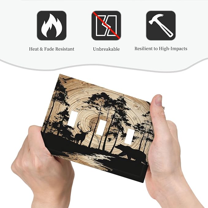 Rustic Forest Antler Black Bear Deer Silhouettes Decorative Switch Plates 3 Gang Wall Plate Triple Toggle Light Switch Cover Faceplate Electrical Wall Panels for Farmhouse Home Decor