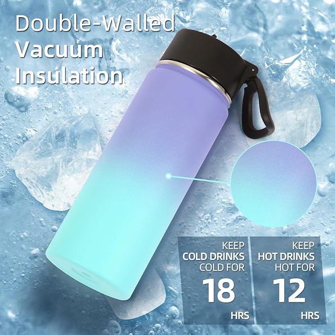 Volhoply 18oz Insulated Water Bottle Bulk 4 Pack,Kids Stainless Steel Water Bottles with Straw Lid,Wide Mouth Reusable Metal Cups,Double Wall Vacuum Sports Flask For Cold Drink(Purple Blue,4 Set)