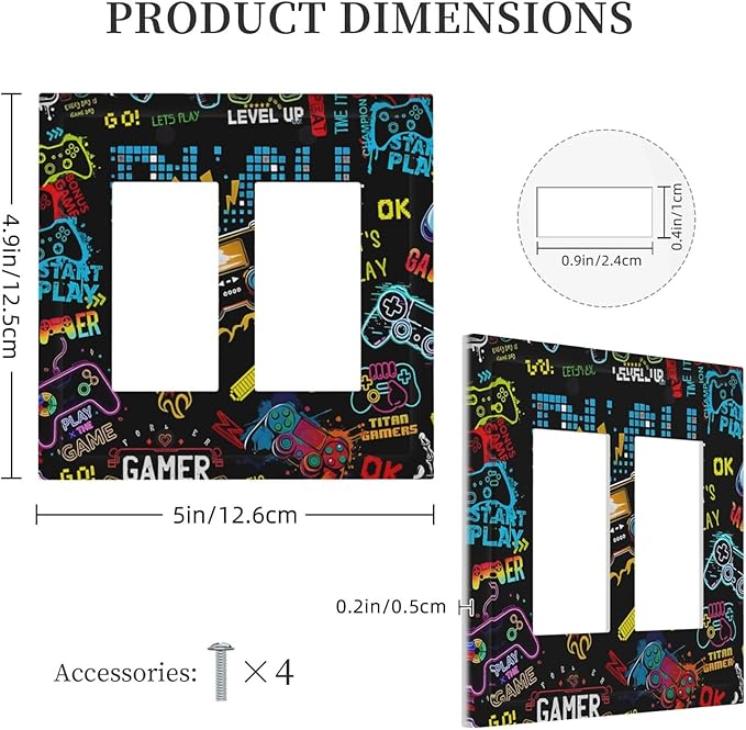Gamer Video Game Themed Cool Controller Print Decorative Outlet Covers 2 Gang Double GFCI Rocker Electrical Wall Panels Light Switch Cover Plate for Kids Room Office Decor