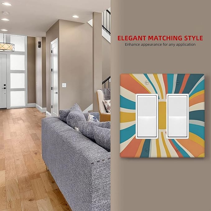 Decorative Outlet Covers with Retro Mid-Century Modern Sunburst Motif Design 2 Gang Wall Plate Double Rocker Light Switch Cover Switch Plate Cover for Abstract Teal/Yellow/Orange Wall Decor