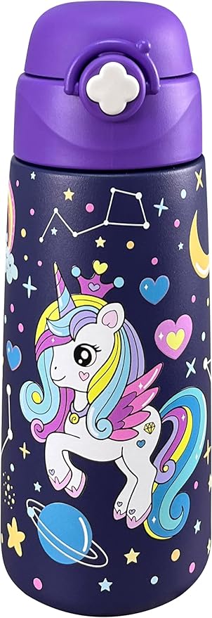 Girls Insulated Water Bottle with Covered Pop-Up Straw,16 oz Kids Cups with Stainless Steel Leak Proof for School（Unicorn-Purple）