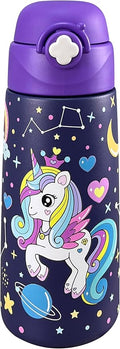 Girls Insulated Water Bottle with Covered Pop-Up Straw,16 oz Kids Cups with Stainless Steel Leak Proof for School（Unicorn-Purple）