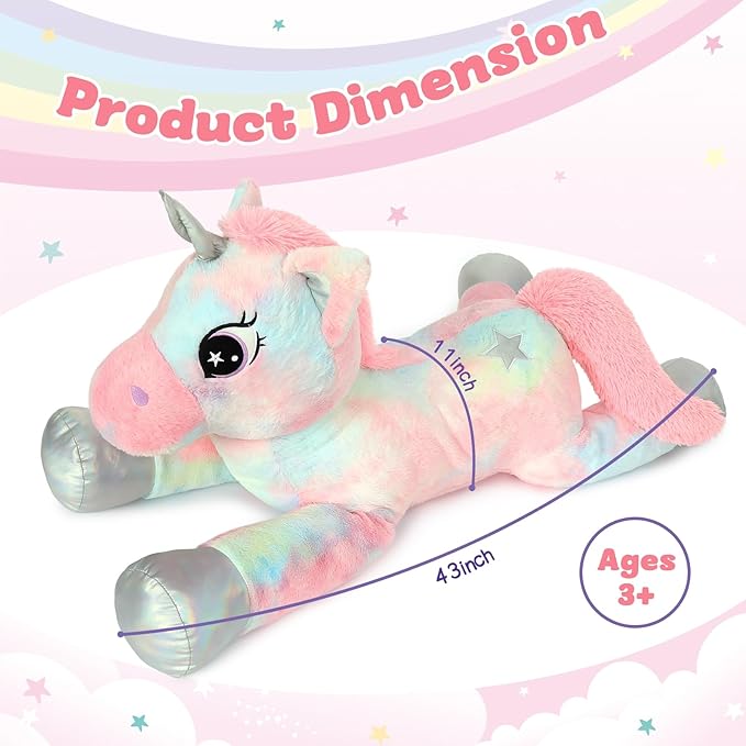 BENINY 43in Giant Unicorn Stuffed Animal Plush Toy, Big Rainbow Cuddly Toys for Girls, Large Birthday Gifts Bedroom Decor