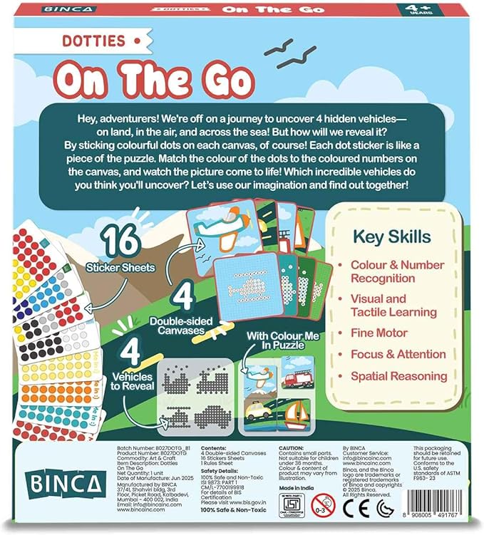 BINCA Dotties Dot Art Activity Kit - On the Go, 750+ Stickers, Vehicles Mess-Free Activities, DIY Dot Sticker Art, Travel Activities, Gifts for Boys & Girls Ages 4,5,6,7