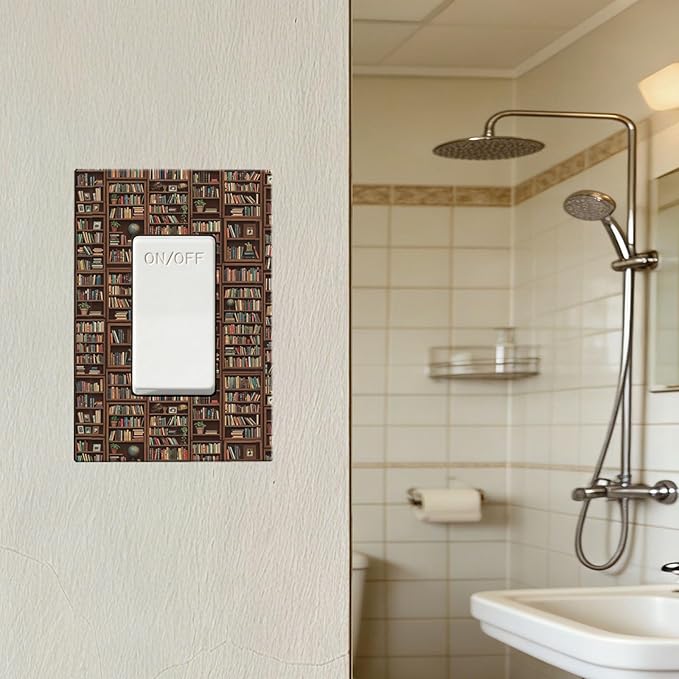 Vintage Library Bookshelf Single Rocker Switch Cover - 1-Gang Standard US Size Dark Academia Book Lover's Dream Light Switch Covers, Cozy Bookshelf for Study Room Decor