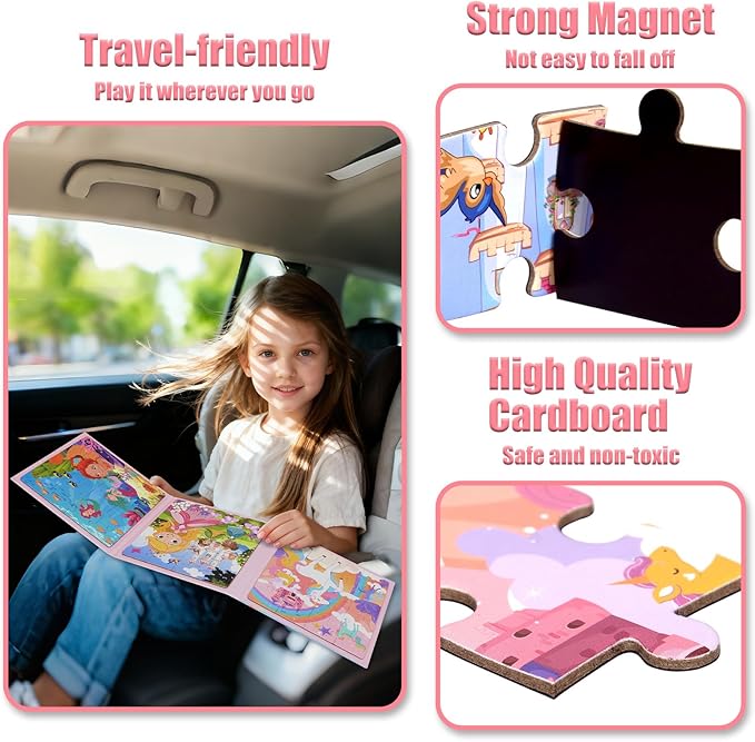 Magnetic Puzzles for Kids 3-5, 3-in-1 Princess Unicorn Mermaid Travel Puzzles for Kids Ages 4-6, Car Airplane Road Trip Activities Toys, Easter Day Gifts for Girls