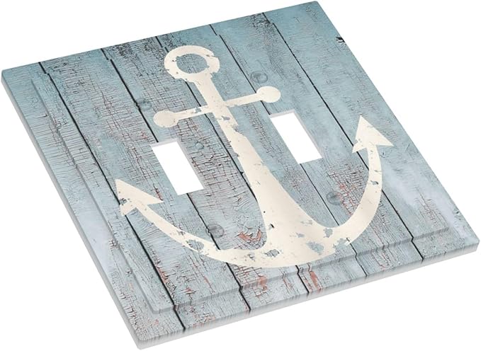 Anchor Rustic Sailing Nautical Wooden Planks Marine Decorative Switch Plates 2 Gang Double Toggle Outlet Light Switch Cover Wall Plate Electrical Faceplate for Bathroom Farmhouse Decor