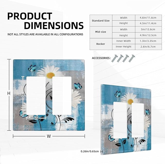 Rustic Daisy Teal Blue Floral Vintage Plant 2 Gang Rocker Decora Light Switch Covers Dual Outlet Covers Wall Plate Decorative Switchplate Electrical Faceplate GFCI for Farmhouse Bathroom Bedroom Decor