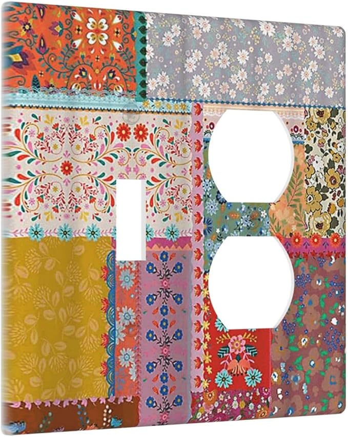 Decorative Outlet Covers Boho Patchwork Bohemian Stitching Colorful Floral 2 Gang Wall Plate Single Toggle Duplex Light Switch Cover Switch Plate Covers Faceplate for Bedroom Decor