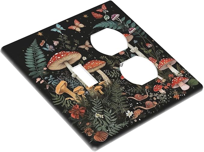 Cartoon Floral Mushroom Forest Butterfly Flowers Wallplates 1 Toggle 1 Duplex Electrical Gfci Faceplate Decorative Light Switch Covers Switch Plate for Bedroom Kids Room Decor