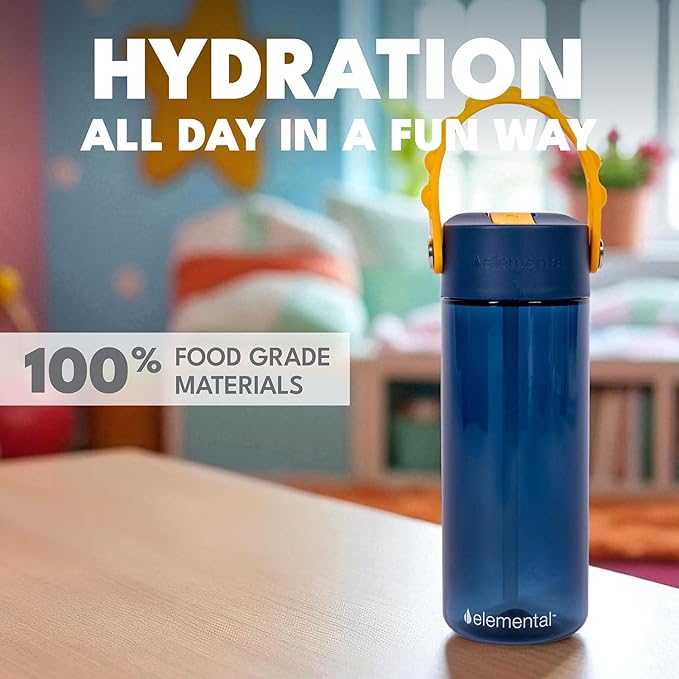 Elemental Water Bottles for Kids - Splash Kids Water Bottle for School with Pop-it Handle - BPA Free Tritan Plastic Water Bottle with Straw Leak Proof when Spout is Closed - Midnight Sun - 18oz