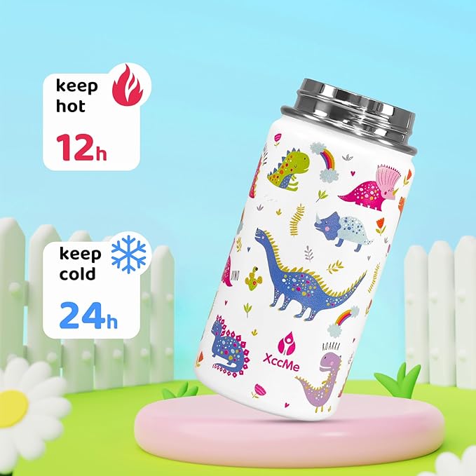 Kids Water Bottle With Straw Lid,2PACK 14 oz Stainless Steel Travel Bottle,Double Wall Leak Proof Kids Cup,Insulated Tumbler for Toddlers,Metal Bottle for School Boys Girls(Rainbow+Dinosaur)