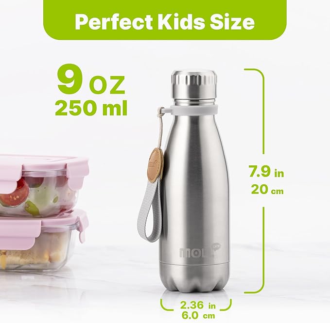Kids Water Bottle-9 oz Stainless Steel Vacuum Insulated Small Water Flask for Kids Back to School, Cola Shape Sports Water Bottle Leak Proof (Silver)