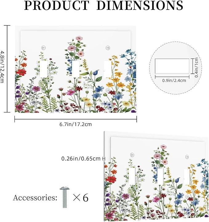 Light Switch Cover Plate Colorful Wildflowers Plants Flowers on White Background 3 Gang Switch Plate Covers Triple Toggle Decorative Wall Plates Electrical Faceplate for Bathroom Home Decor