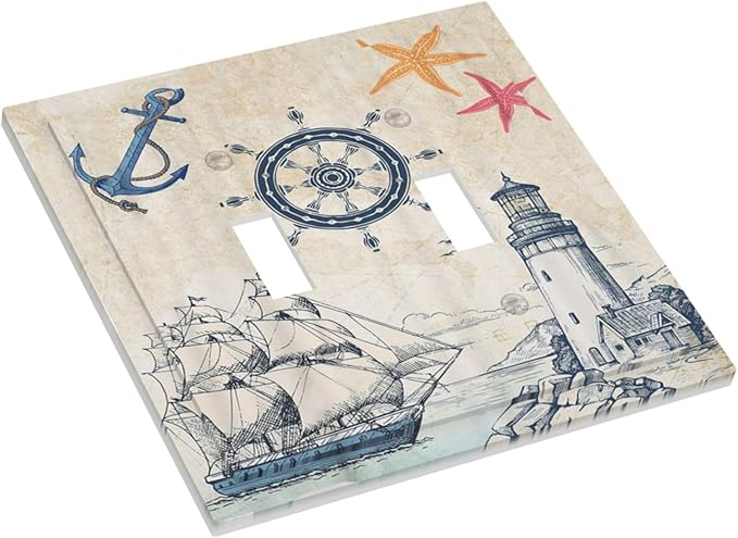 Nautical Sailboat Beach Anchor Pirate Beacon Ocean Double Toggle Light Switch Covers Decorative 2 Gang Wall Plate Electrical Faceplate Switchplate for Farmhouse Bathroom Bedroom Living Room Decor