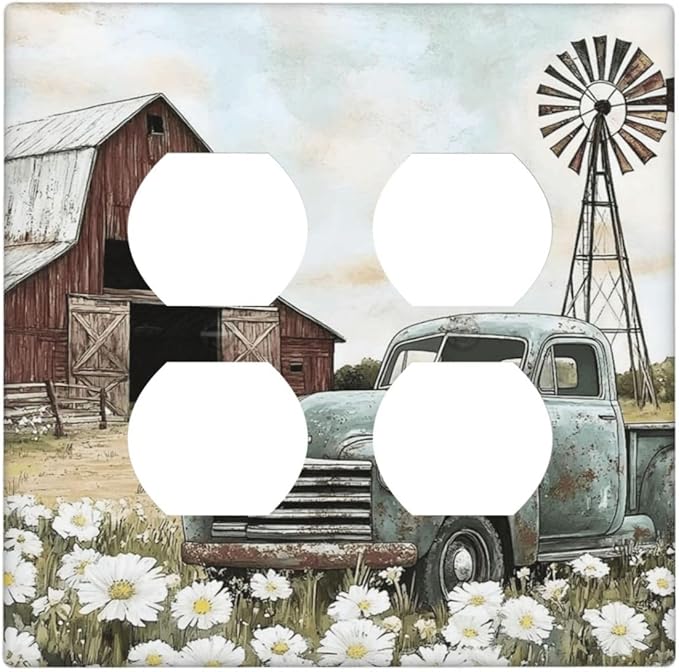 Retro Trucks Old Barn Windmill Teal Car Rustic Outlet Covers 2 Gang Double Duplex Decorative Light Switch Covers Electrical Wallplates Socket Faceplate for Farmhouse Home Decor