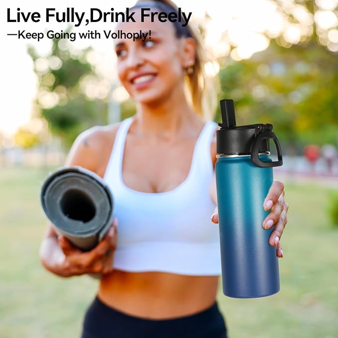 Volhoply 18oz Insulated Water Bottle Bulk 4 Pack,Kids Stainless Steel Water Bottles with Straw Lid,Double Wall Vacuum Reusable Metal Cups,Wide Mouth Sports Flask Keep Hot and Cold(Dark Night,4 Set)