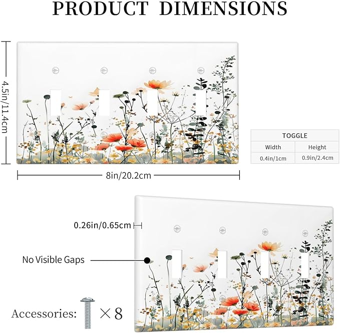 Vintage Country Style Watercolor Leaves Wildflowers Floral Light Switch Covers Quad Toggle Electrical Faceplate 4 Gang Wall Plate Decorative Switch Plates Cover for Bedroom Living Room Decor