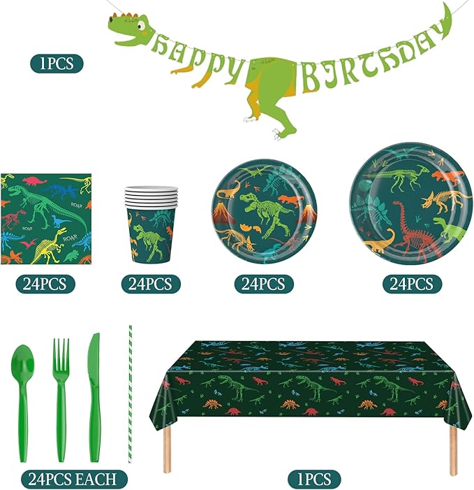 Dinosaur Birthday Decorations Tableware Set Birthday Party Supply Dinosaur Plates Dino Plate for Baby Shower,Disposable Dinosaurs Tableware Set with Tablecloth Cup Banner for Boy Serve 24