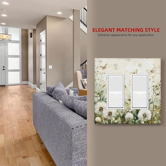 Light Switch Cover Plate Watercolor Butterflies Dandelions Wildflowers 2 Gang Double Rocker Outlet Covers Decorative Switch plates Electrical Wall Plates GFCI Receptacle for Bathroom Bedroom