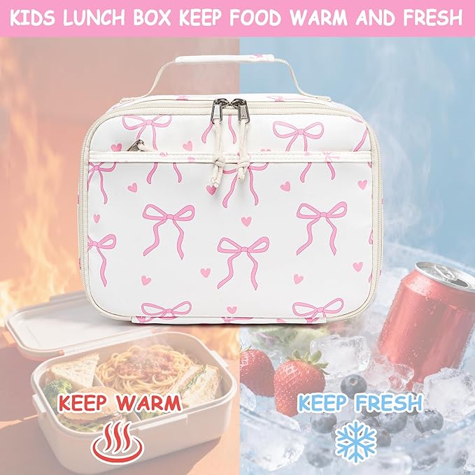 LOIDOU Insulated Lunch Bag for Kids Girls, Cute Bow Insulated Lunch Box Bag for Toddler, Womens Small Lunch Tote, Lunch Box Containers for School Work Picnic, Pink