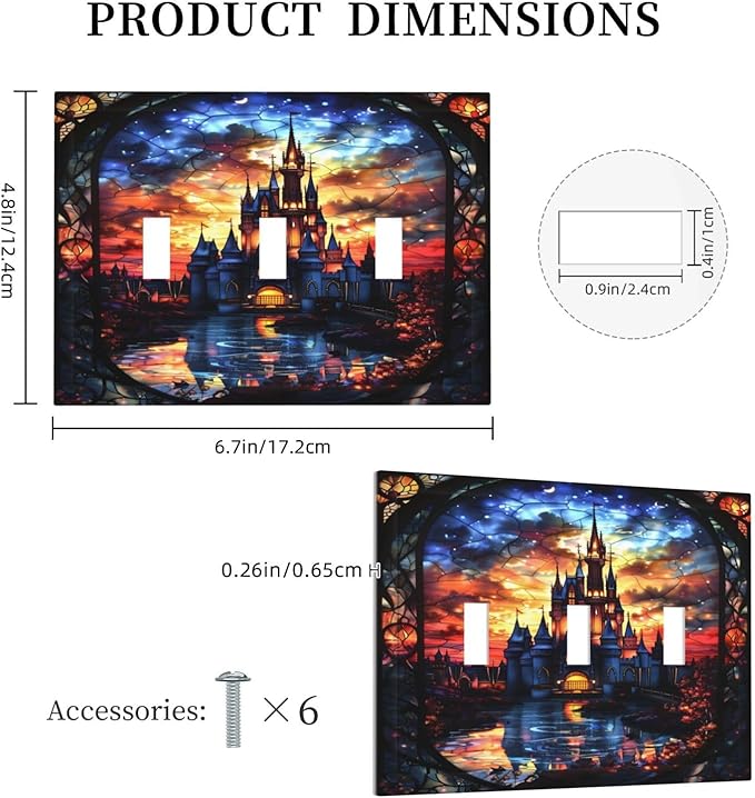 Medieval Fantasy Castle Magic Academy Decorative Switch Plates 3 Gang Wall Plate Triple Toggle Light Switch Cover Faceplate Electrical Wall Panels for Kids Room Bedroom Decor