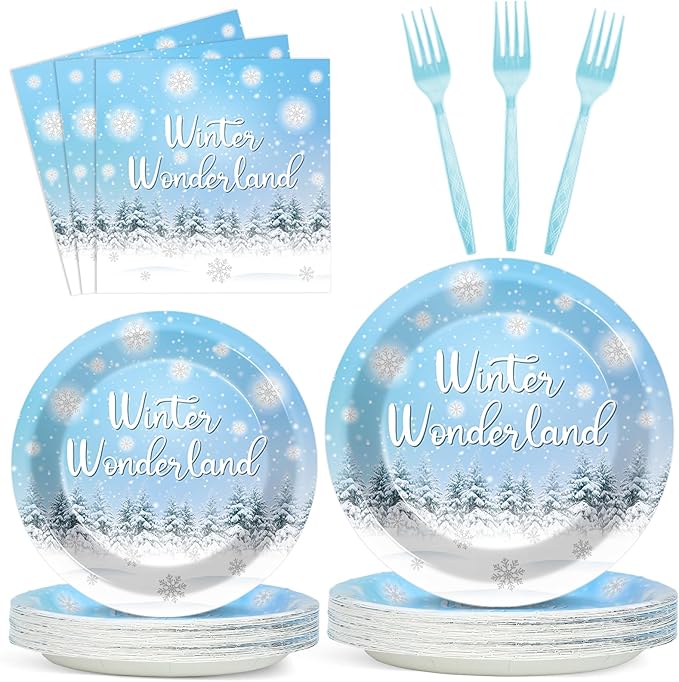 96Pcs Winter Snowflake Plates and Napkins for Winter Wonderland Party Supplies Snowflake Dessert Disposable Plates Holiday Christmas Party Tableware Set for 24 Guests Birthday Party Decorations