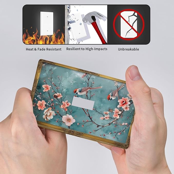 Decorative Art Light Switch Covers Vintage Chinoiserie Oriental - Teal Birds and Floral Branch Single Toggle Wall Plate Decorative Switchcover Electrical Switchplate for Home Decor
