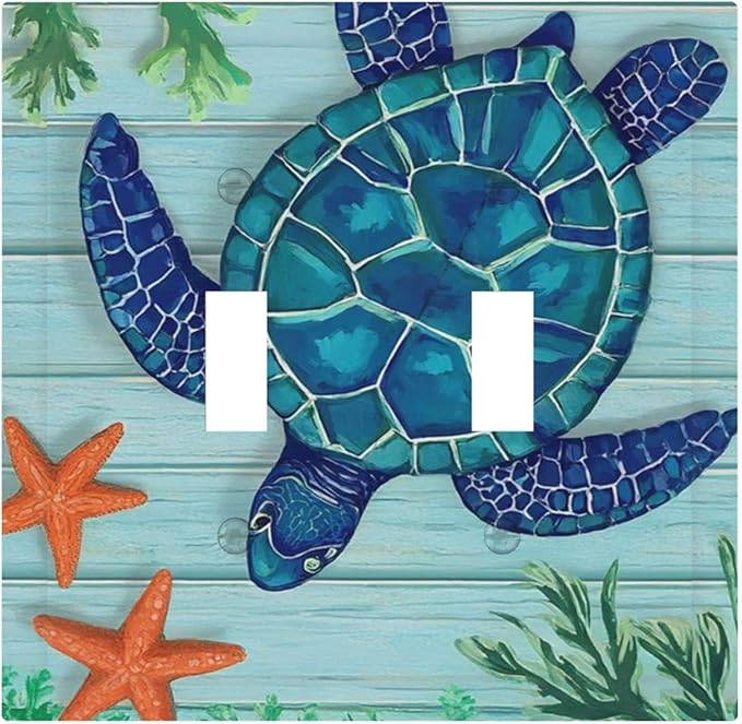 Coastal Sea Turtle Double Toggle Switch Cover - 2-Gang Standard US Size Mosaic Starfish Light Switch Covers, Nautical Ocean Theme for Coastal Homes