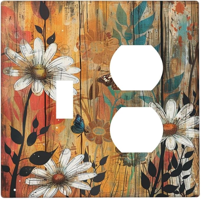 Light Switch Cover Plate Vintage Wooden Daisies Butterflies Floral 2 Gang Decorative Switch Plates 1 Toggle Duplex Combo Outlet Covers GFCI Wall Plates for Bathroom Farmhouse Decor