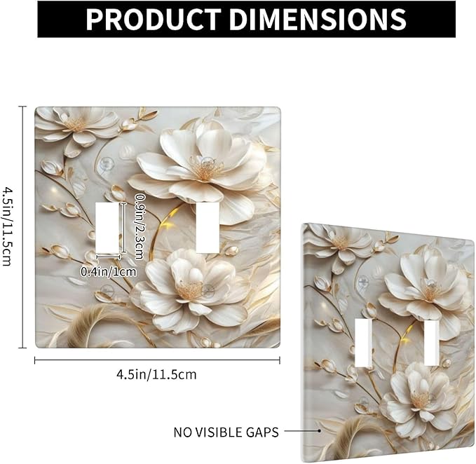 Decorative Art Light Switch Covers Elegant White and Gold Florals 2 Gang Double Toggle Wall Plate Decorative Switchcover Electrical Switchplate for Home Decor