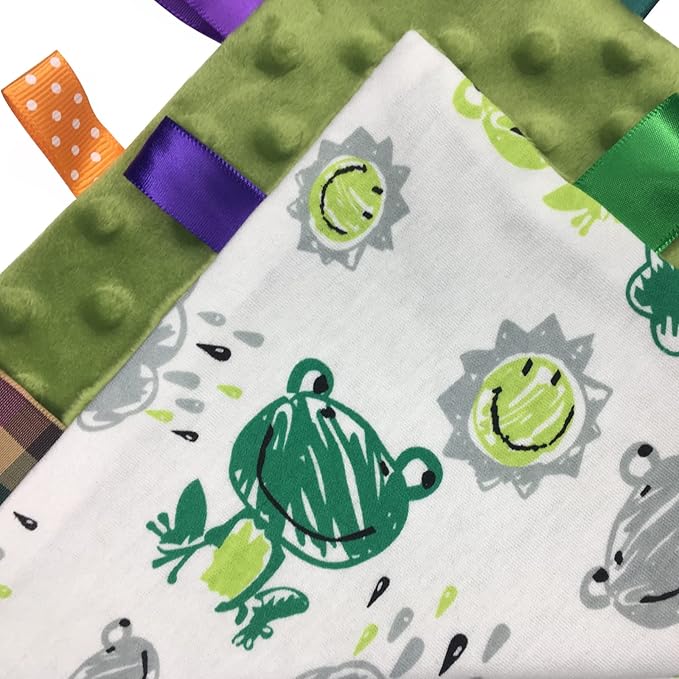 Baby Tags Soft Plush Snuggle Small Security Blanket with Colorful Tags Comfort Appease Towel Taggy Lovey Frog Minky Dot Blanket - 9 x 9 inches - Green