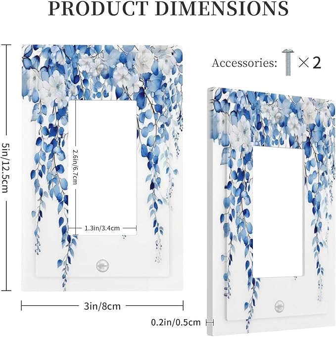 Blue Eucalyptus Leaves Floral Vine Flower Decorative Outlet Covers 1 Gang Single Rocker Light Switch Cover Plate Wall Plates GFCI Faceplate for Bedroom Living Room Decor